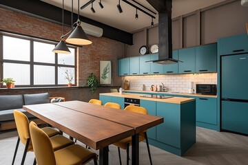 Retro loft living room and kitchen combined, colorful furniture and modern design