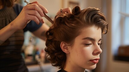 Fototapeta premium A woman is having her hair styled in a salon by a hairstylist. The woman has her hair pulled back and the stylist is using a comb to style it.