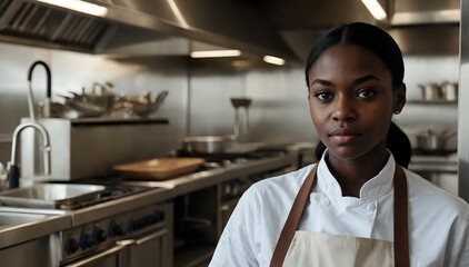 Fran, a 25 year old woman, dark skin, brown eyes, wearing a white coat and tan apron.