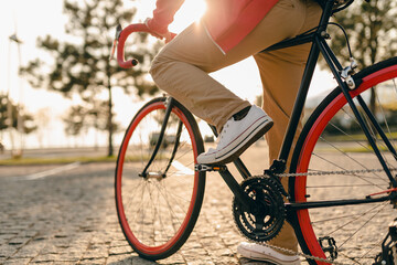 handsome bearded man traveling with bicycle in morning © mary_markevich