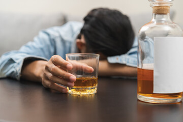 Health care alcoholism drunk, fatigue asian young man holding glass of whiskey, depressed male...
