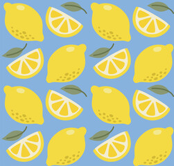 Seamless pattern with cute lemon fruits and leaves. Vector colorful citrus background in flat style