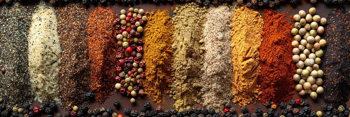 A close-up image of various spices for grilling, including black pepper, garlic powder, paprika, and dried herbs, arranged in rows on a kitchen countertop. Generative AI