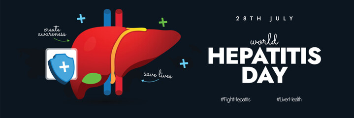 World Hepatitis day. 28th July World Hepatitis day awareness cover banner, post with liver, arrows with text create awareness, save liver. The theme for 2024 is Hepatitis Can't Wait, get tested