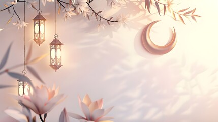 Golden crescent moon with a lantern on a clean background, symbolizing Ramadan and Islamic Day celebrations. 