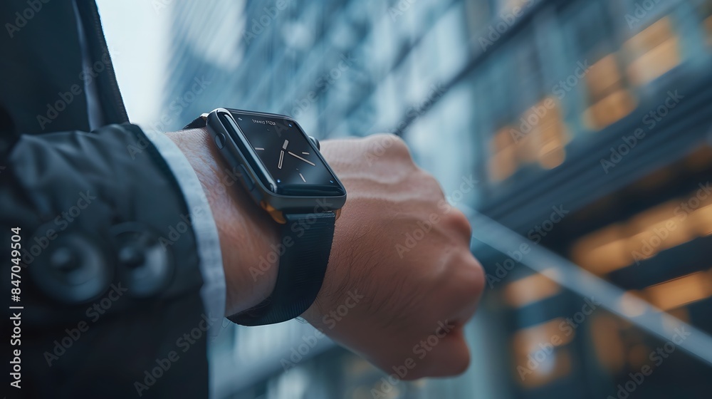 Wall mural close up of businessman's hand with wristwatch on bokeh background - Wall murals