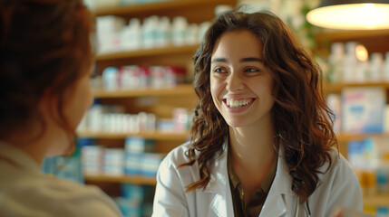 Smiling woman pharmacist, professional, master of her craft, gives advice to the client.