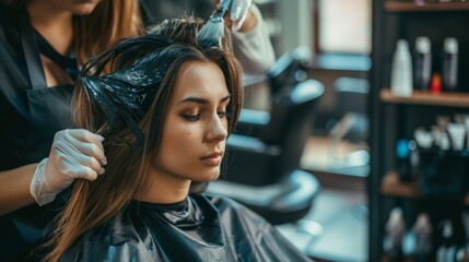 A woman is getting her hair dyed in a salon by a stylist. The stylist is carefully applying dye to her hair with a brush.
