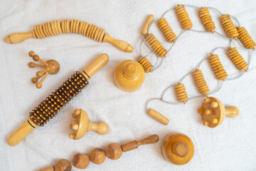 Set of diverse wooden therapy massage tools