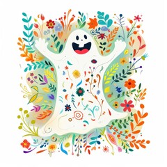 Colorful illustration of a happy ghost surrounded by vibrant flowers and leaves, creating a whimsical and joyful scene.