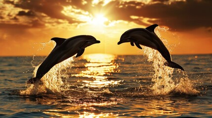 Fototapeta premium Photography of two dolphins jumping out of the water as the sun sets, a beautiful natural scene