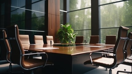 A modern conference room with a wooden table and chairs, ideal for business meetings or presentations