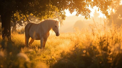 Fototapeta premium A white horse stands near a tree in an open field, ready for action