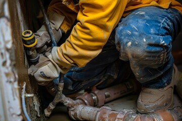 Fototapeta premium Professional Plumber Fixing Damaged Pipe in Basement Using Specialized Tools and Safety Gear