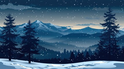 A serene winter scene with snow-covered pine trees and mountains in the background