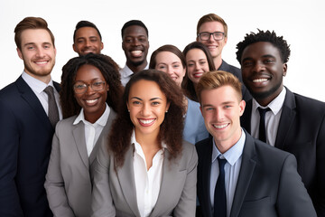 Interracial group of smiling businesswomen and  businessmen at work on white background. Women in suits at work. Men bosses. Political woman. Business world. Job recruitment. 
