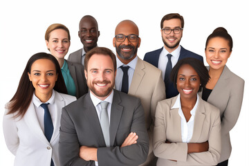 Fototapeta premium Interracial group of smiling businesswomen and businessmen at work on white background. Women in suits at work. Men bosses. Political woman. Business world. Job recruitment. 
