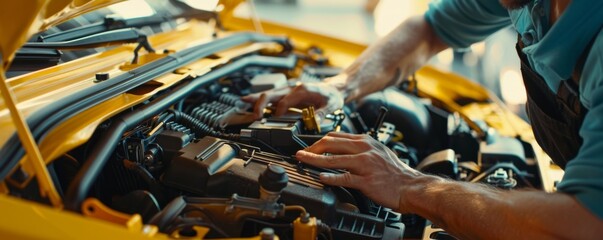 Car mechanic is working on broken engine in luxury car, car service banner. Generative Ai.