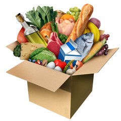 Box Of Food as groceries and grocery delivery purchases from a supermarket as a food security symbol and home economics icon isolated on a white background.
