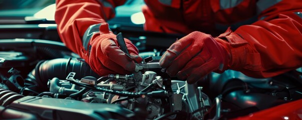 Car mechanic is working on broken engine in luxury car, car service banner. Generative Ai.