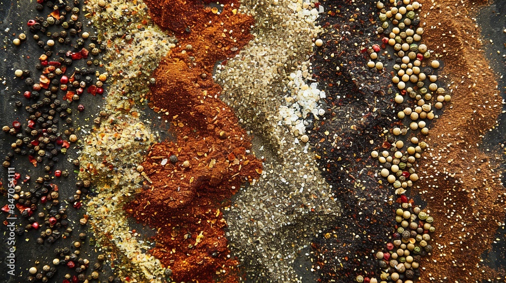 Poster A close-up shot of various spices laid out in lines on a kitchen surface, ready to add flavor to a grilling session. Generative AI