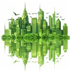 Green cityscape with towering skyscrapers and lush trees reflected in water, symbolizing urban nature and sustainability.