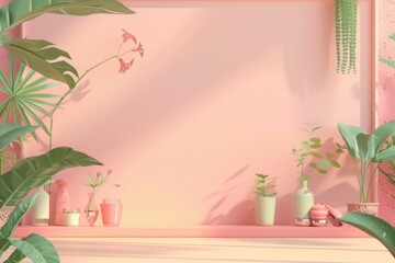 Naklejka premium Tranquil Indoor Garden Flat Lay with Elegant Greenery and Minimalist Decor - 3D Illustration for Posters and Cards