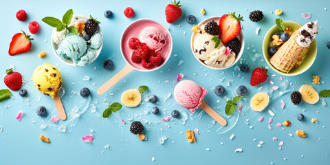 A collection of various ice cream flavors in colorful bowls on a bright blue surface, perfect for advertising or decoration
