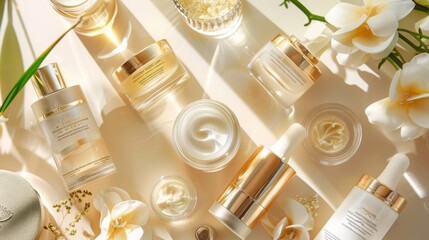 An assortment of skincare products, including serums, creams, and moisturizers, are arranged on a white surface with delicate white flowers.