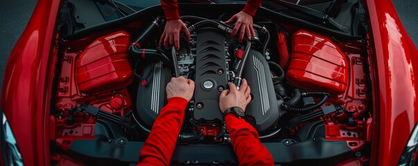 Car mechanic is working on broken engine in luxury car, car service banner. Generative Ai.