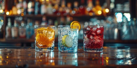 A row of three glasses filled with various beverages, suitable for use in advertisements or as a stock photo for food and drink-related content
