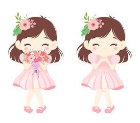 Smiling girl cartoon vector illustration set. has a pink flower bouquet. pink dress.