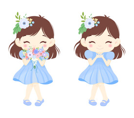 Smiling girl cartoon vector illustration set. has a blue flower bouquet. pink dress.
