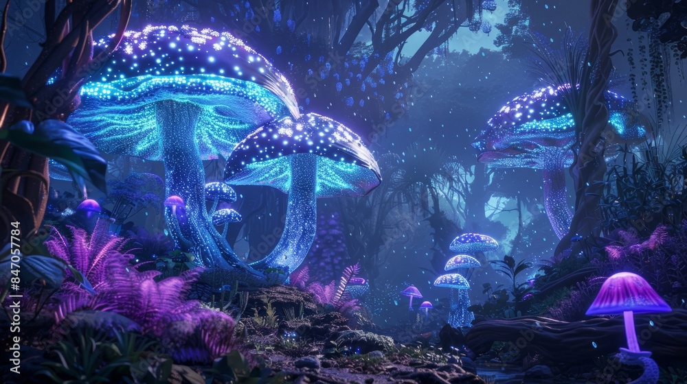 Wall mural fantastical giant glowing mushrooms in a magical forest with blue and purple illuminating light