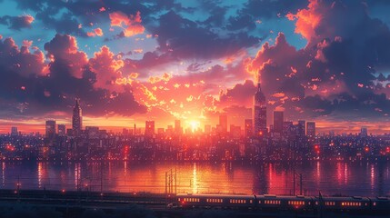 Vibrant Sunset Over Modern Cityscape with Glowing Train Tracks Illuminating Night