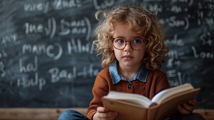 Young boy with glasses studying in classroom with formulas on blackboard, education concept