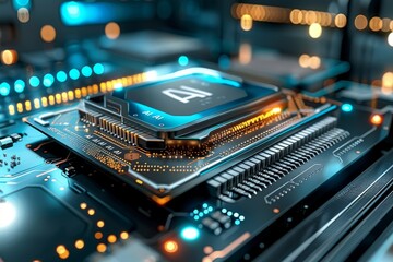 Fototapeta premium AI microchip on a motherboard, symbolizing the integration of artificial intelligence in modern electronics