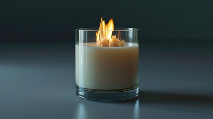 A candle lit in a glass container on a table, perfect for decorative purposes or as a centerpiece