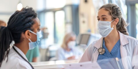 Two women in lab coats, one wearing a face mask, standing together