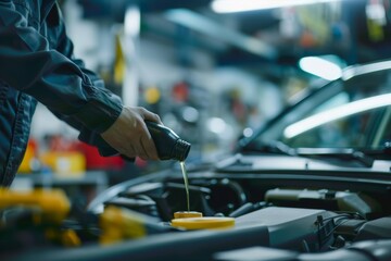 Professional Mechanic Checking Car Oil Level in a Service Garage - Automotive Repair and Maintenance