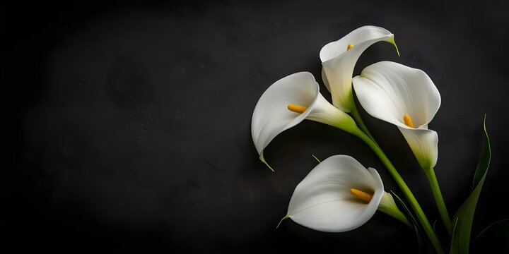 Elegant Sympathy Floral Condolence Card with White Calla Lilies on Black Background. Concept Sympathy Cards, Floral Design, Calla Lilies, Elegant, Condolence Message