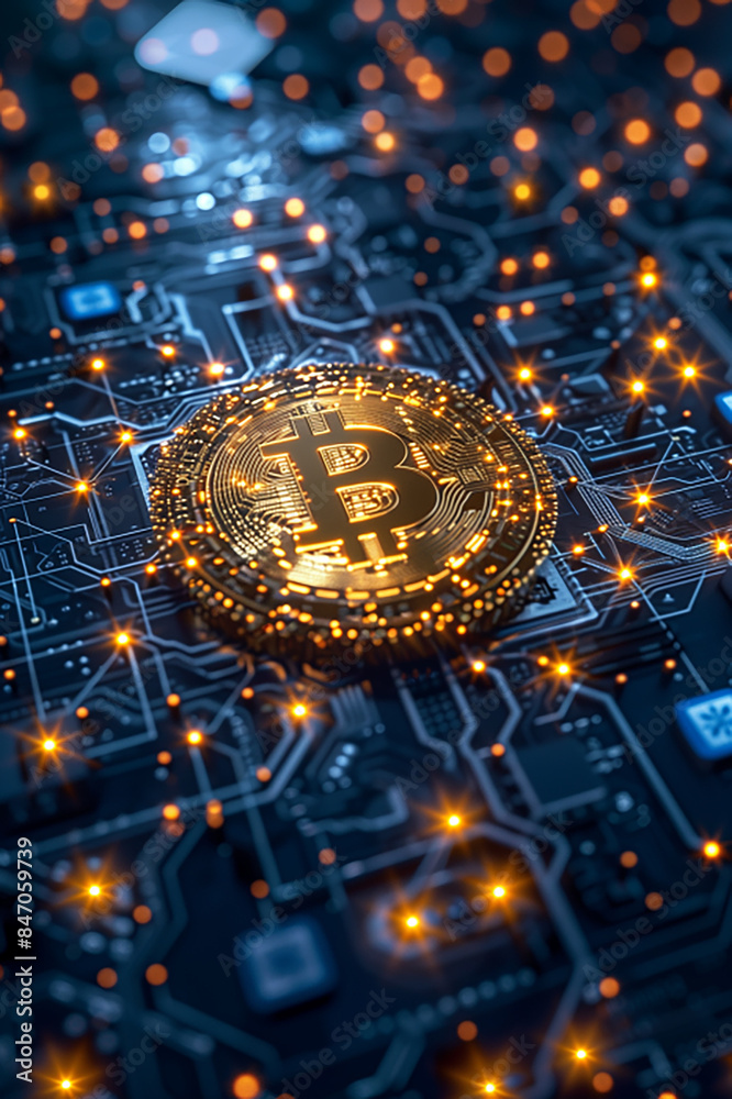 Poster Golden bitcoin is glowing on computer motherboard with bokeh lights