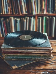 Fototapeta premium Stack of vinyl records sitting on a wooden table, perfect for music-themed photoshoots or decorative purposes