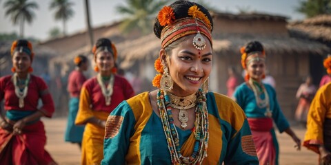 Fototapeta premium Cheerful Indian woman in traditional dance costume smiling and performing at a cultural event