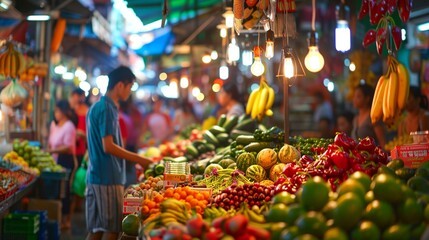 a man standing in front of a fruit stand at a market
