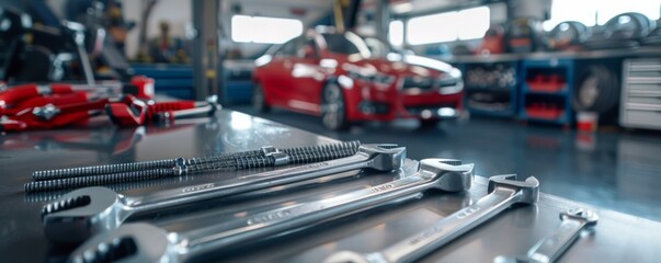 Fototapeta premium Wrenchs and hard tools on table for mechanic working in garage, car service banner. Generative AI.