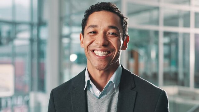 Business, man and happy in professional office, company pride and corporate employee in workplace got growth. Confident, smiling and Mexican portrait in building lobby, staff and agency consultant