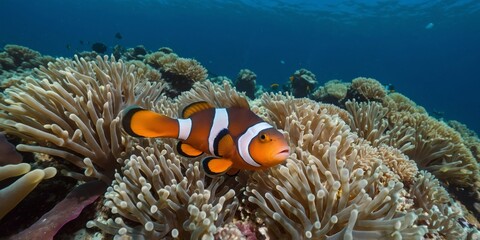 A bright orange clownfish nestled among the tentacles of a sea anemone in its natural underwater habitat, showcasing symbiosis