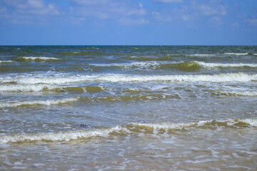 Discover the beauty of Galveston Island, Texas, where gentle waves caress the sandy shore beneath a picturesque cloudy sky. The lively sea, adorned with frothy whitecaps, for beach lovers.