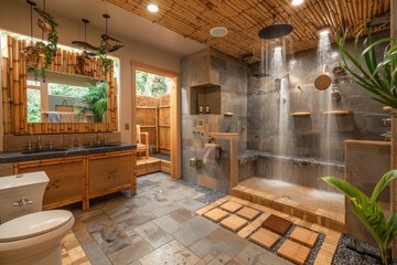 Luxurious Spa-Like Bathroom with Bamboo Fixtures, Walk-In Shower, and Zen Ambiance for Relaxation